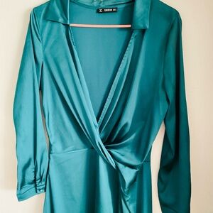 SHEIN Teal Long Sleeve Wrap Dress
